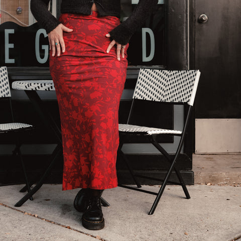 Deep Red Floral Print Maxi Skirt