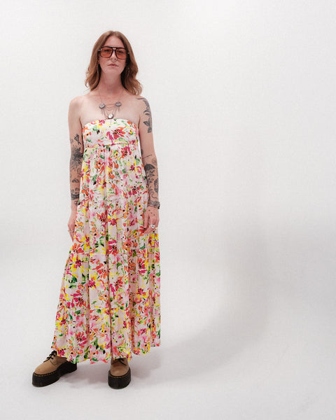 Vivid Floral Open Back Tie Maxi Dress