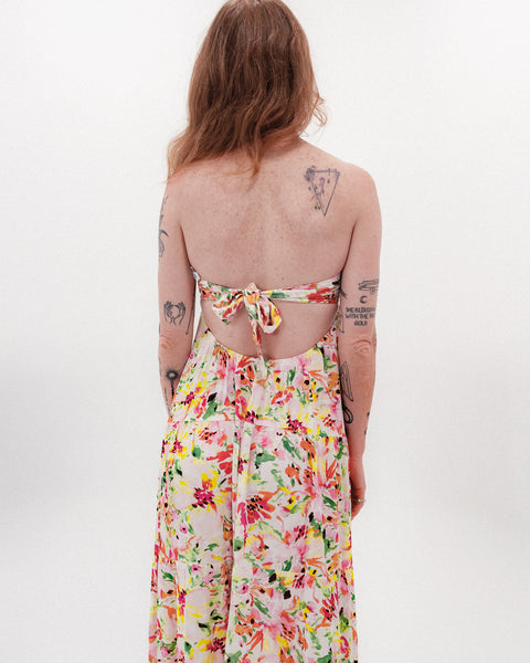  Vivid Floral Open Back Tie Maxi Dress