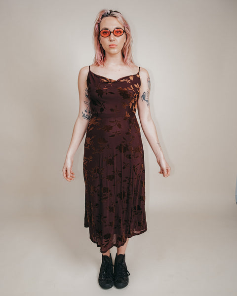  Brown Velvet Cowl Neck Midi Dress