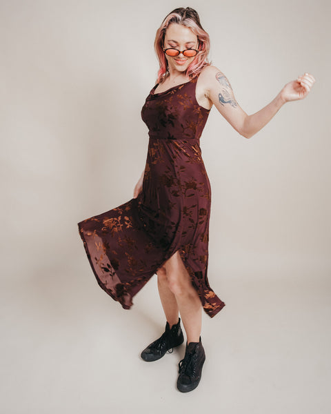  Brown Velvet Cowl Neck Midi Dress
