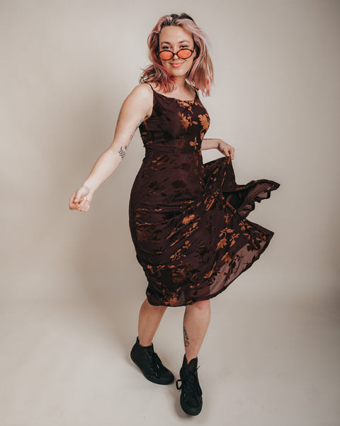  Brown Velvet Cowl Neck Midi Dress