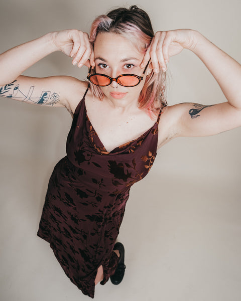  Brown Velvet Cowl Neck Midi Dress