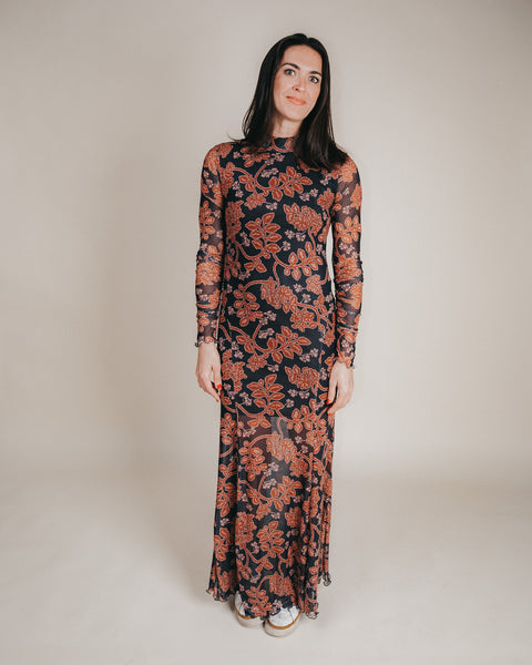 Floral Mesh Neck Thumbhole Maxi Dress