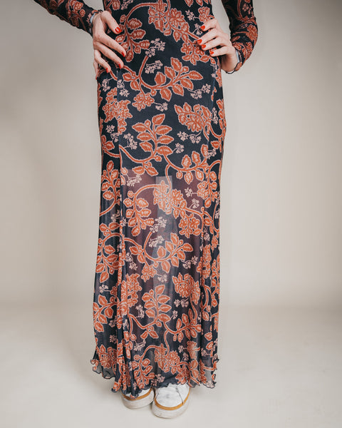  Floral Mesh Neck Thumbhole Maxi Dress