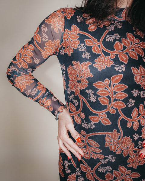  Floral Mesh Neck Thumbhole Maxi Dress