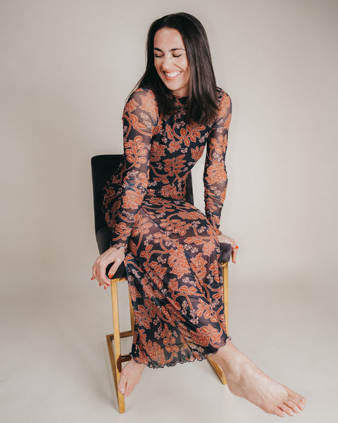 Floral Mesh Neck Thumbhole Maxi Dress