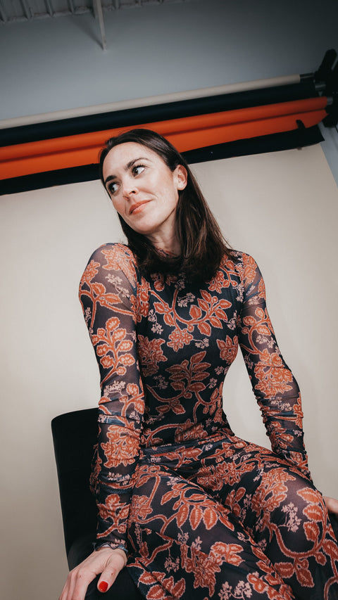 Floral Mesh Neck Thumbhole Maxi Dress