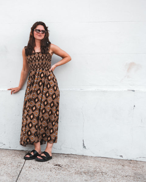  Brown Geometric Midi Dress