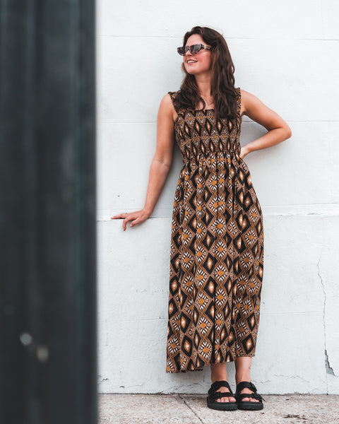  Brown Geometric Midi Dress