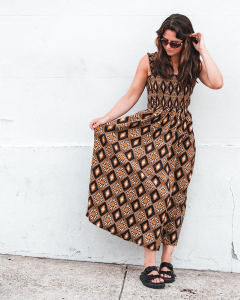  Brown Geometric Midi Dress