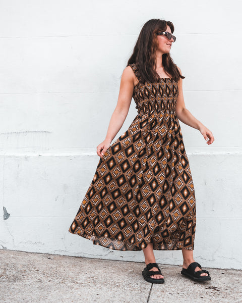 Brown Geometric Midi Dress