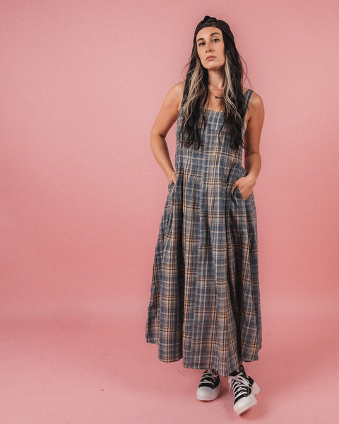  Plaid Cotton Square Neck Midi Dress