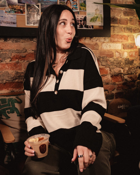 Striped Sweater with Polo Collar Detailing