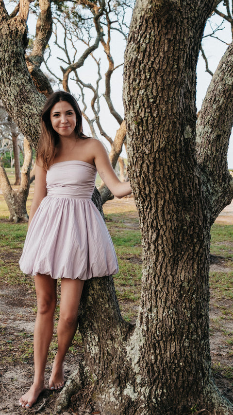  Woven Cotton Strapless Bubble Mini Dress