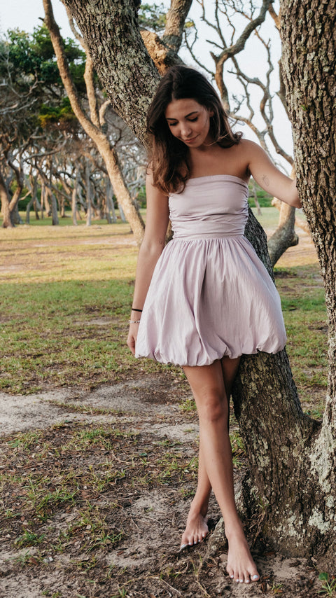  Woven Cotton Strapless Bubble Mini Dress
