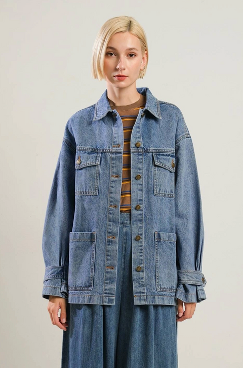  Washed Midi Denim Jacket