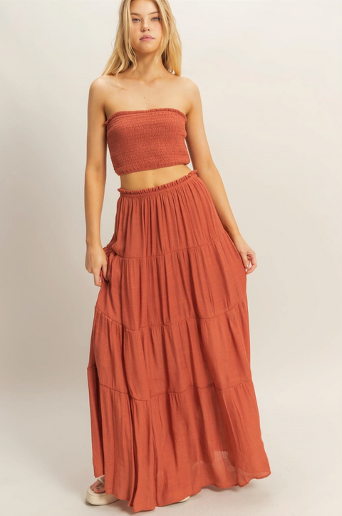 Rust Smocked Strapless Top