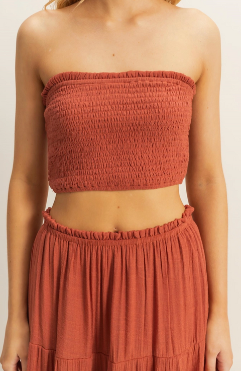 Rust Smocked Strapless Top