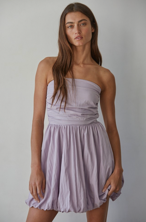  Woven Cotton Strapless Bubble Mini Dress