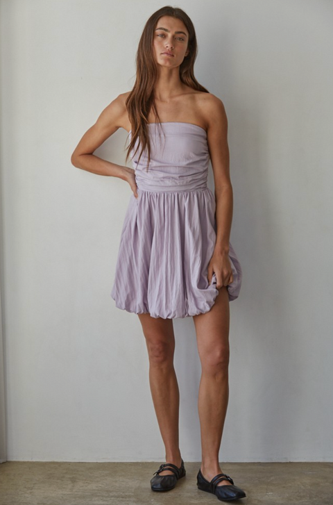  Woven Cotton Strapless Bubble Mini Dress