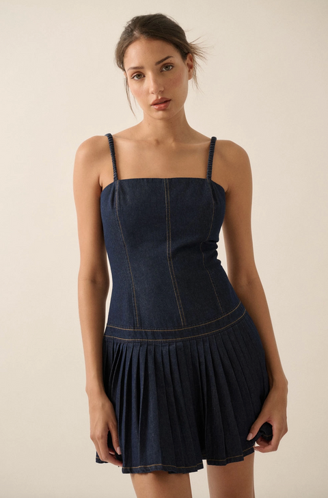  Denim Drop-Waist Mini Dress