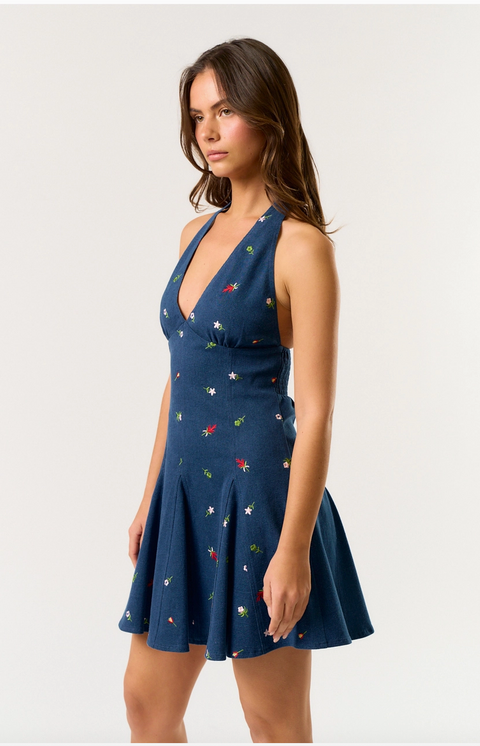  Denim Mini Halter Dress