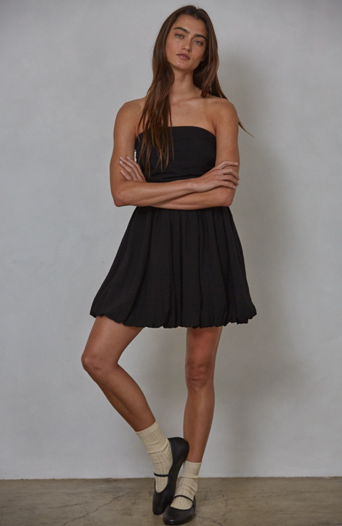  Woven Cotton Strapless Bubble Mini Dress