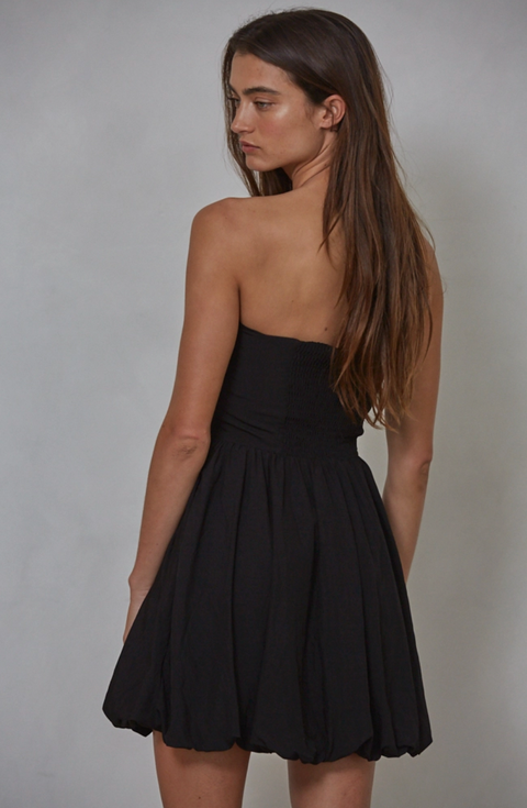  Woven Cotton Strapless Bubble Mini Dress
