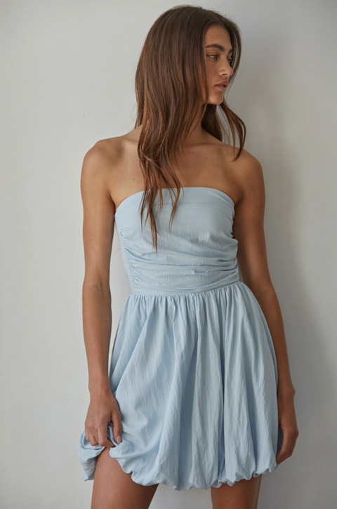  Woven Cotton Strapless Bubble Mini Dress