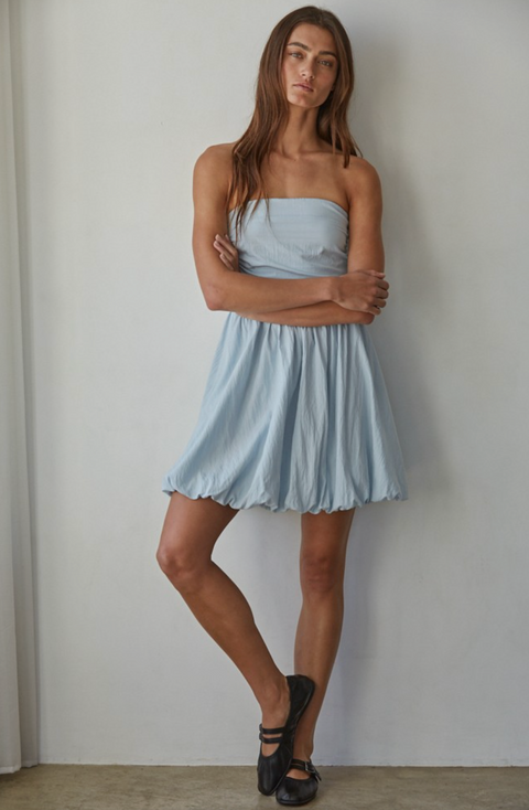  Woven Cotton Strapless Bubble Mini Dress