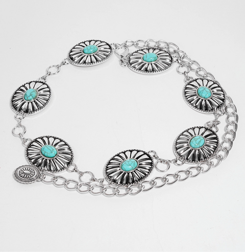 Metallic Floral Western Concho Disc Hoop Chain Belt