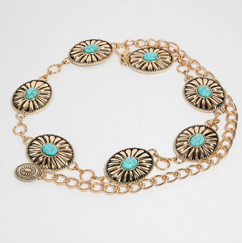 Metallic Floral Western Concho Disc Hoop Chain Belt