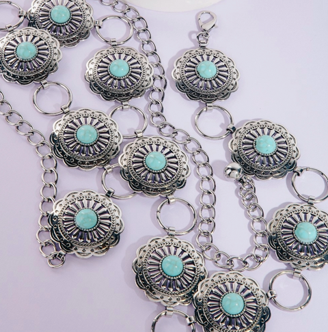  Western Turquoise Stud Disc Concho Chain Belt