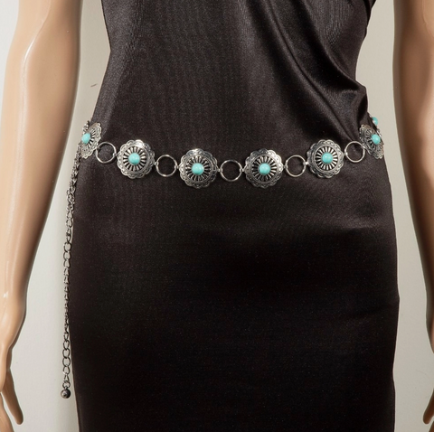 Western Turquoise Stud Disc Concho Chain Belt