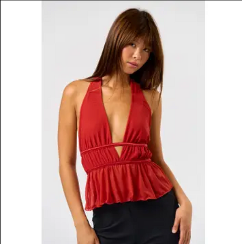  Halter Peplum Mesh Top