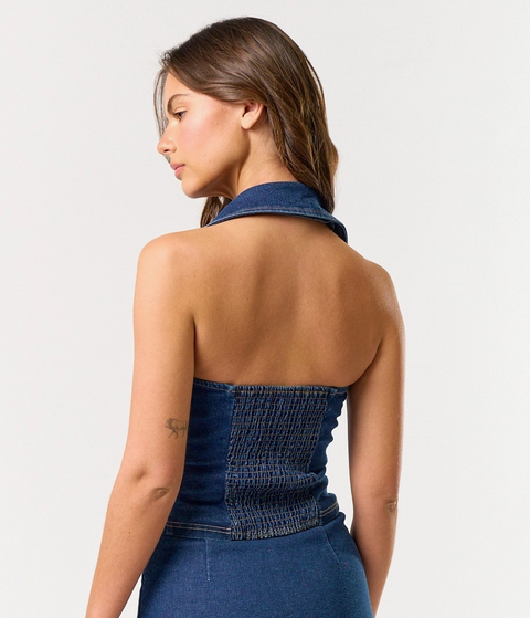  Stretch Denim Halter Smocked Back Top