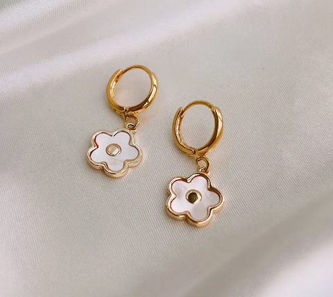 Abalone White Flower Huggie Earrings