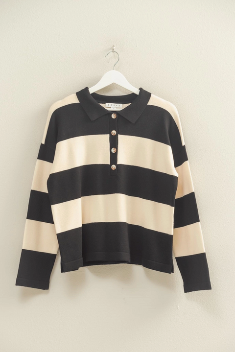 Striped Sweater with Polo Collar Detailing
