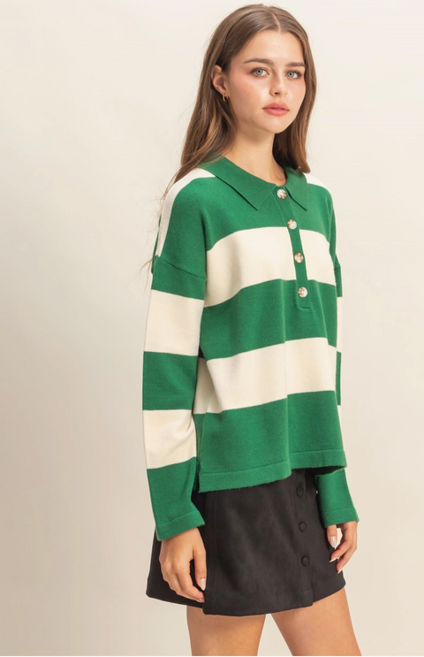 Striped Sweater with Polo Collar Detailing