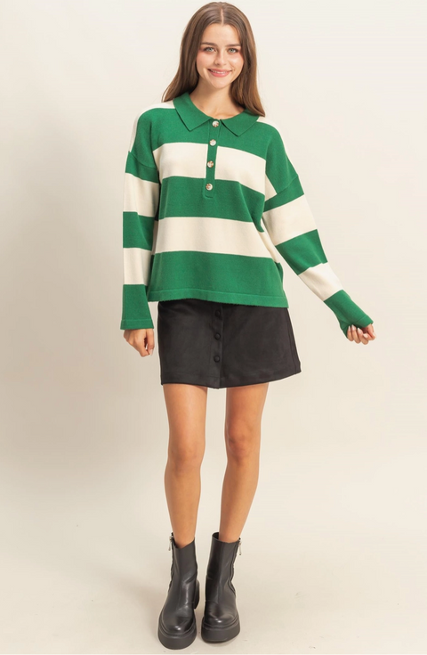  Striped Sweater with Polo Collar Detailing