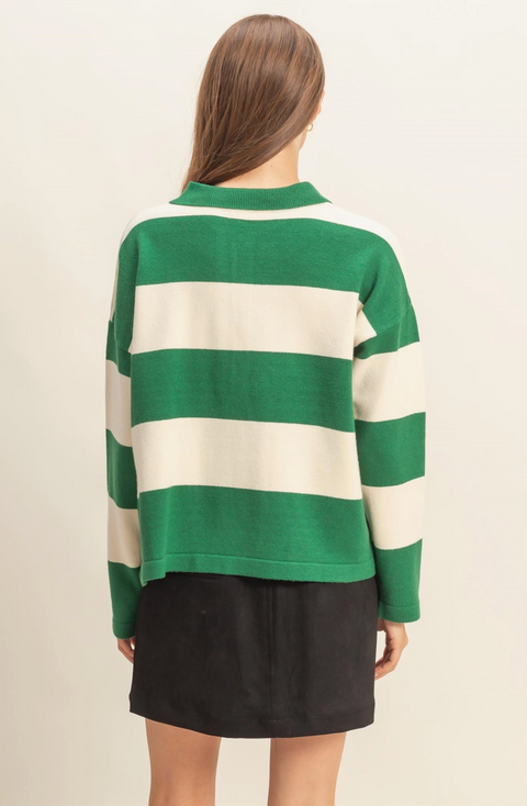  Striped Sweater with Polo Collar Detailing