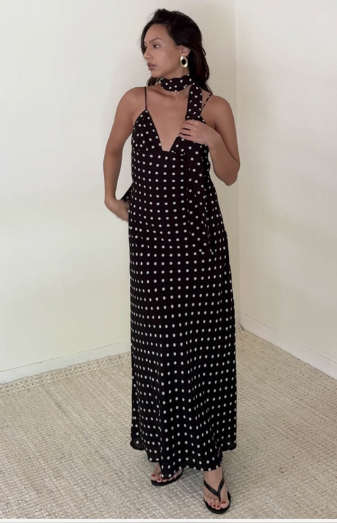  Polka Dot Chiffon Maxi Sleeveless Dress with Scarf