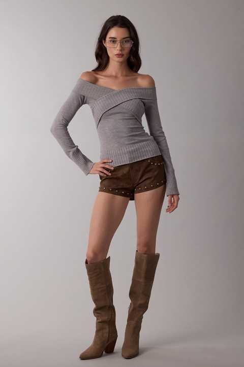  Crossed Overfold Off-Shoulder Knit Sweater