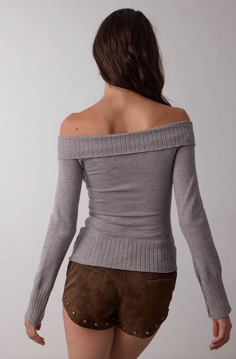  Crossed Overfold Off-Shoulder Knit Sweater