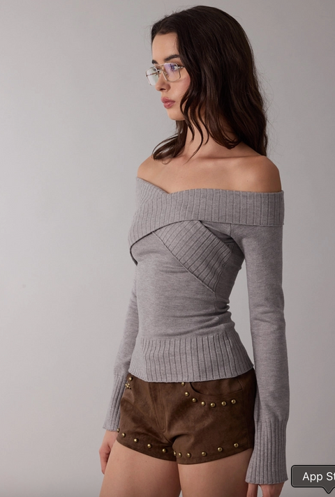  Crossed Overfold Off-Shoulder Knit Sweater