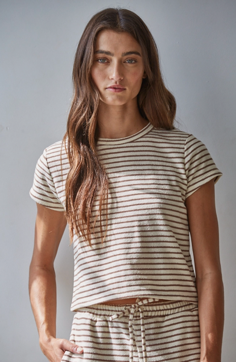 Knit Polyester Cotton Striped Short Sleeve Top