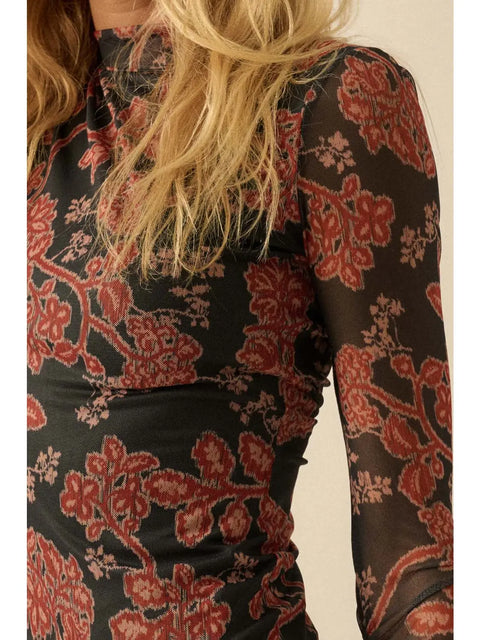  Floral Mesh Neck Thumbhole Maxi Dress