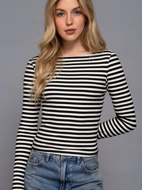  Long Sleeve Boat Neck Striped Shirt