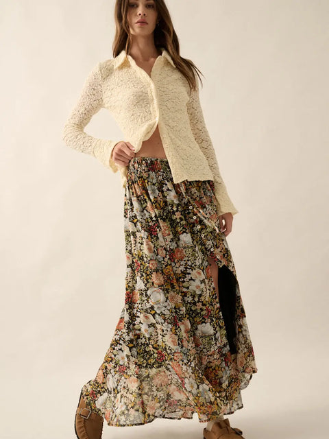  Floral Front Slit Skirt